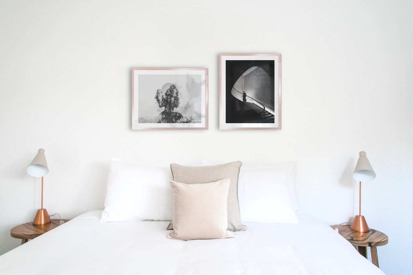 Gallery wall with picture frames in copper in sizes 40x50 with prints "Trees and silhouette" and "Staircase"