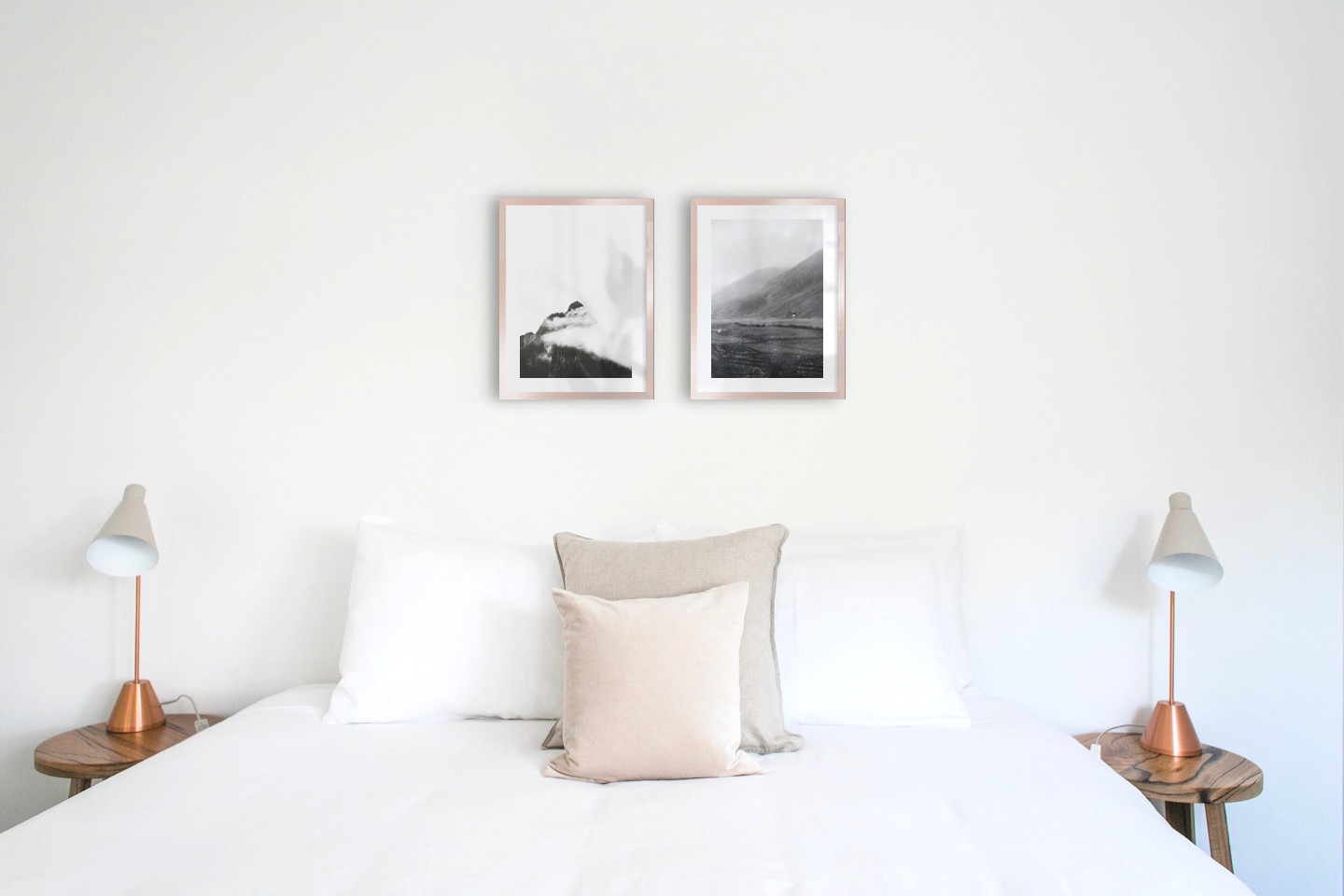 Gallery wall with picture frames in copper in sizes 30x40 with prints "Mountain peaks in fog" and "Fields in front of mountains"