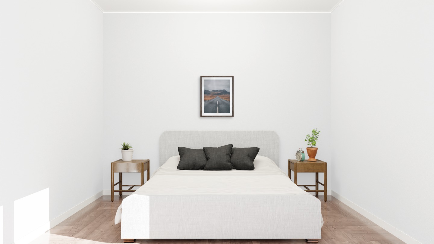 Gallery wall with picture frame in dark wood in size 40x50 with print "Road and mountains"