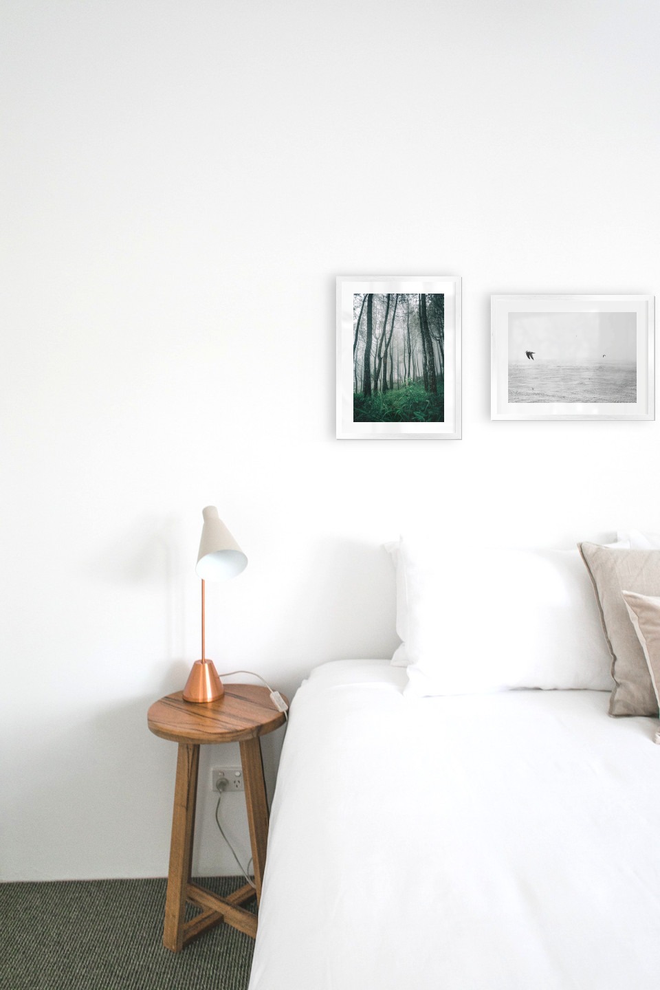 Gallery wall with picture frames in silver in sizes 30x40 with prints "Tall trees" and "Birds over the sea"