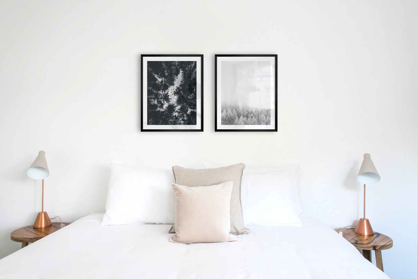 Gallery wall with picture frames in black in sizes 40x50 with prints "Wooden tops and birds" and "Wooden tops in winter"