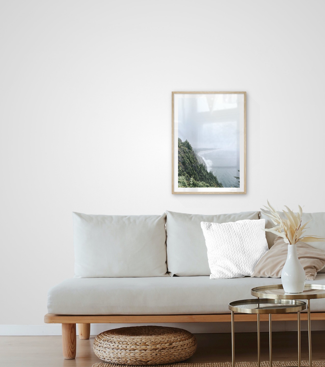 Gallery wall with picture frame in wood in size 50x70 with print "Rocks facing the water"