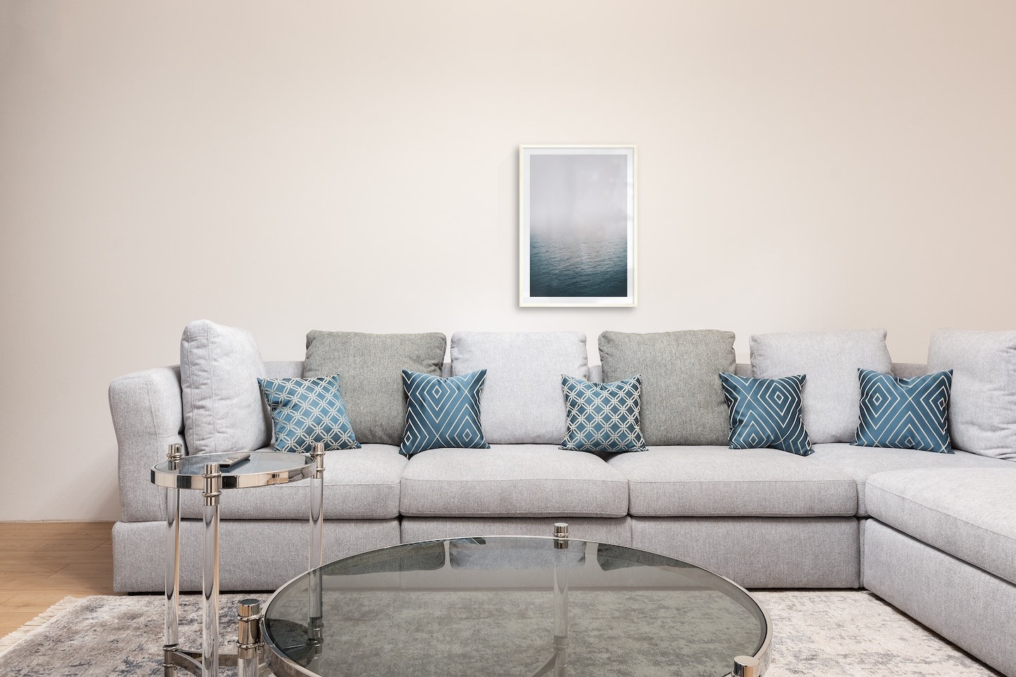 Gallery wall with picture frame in light wood in size 50x70 with print "Fog over the sea"