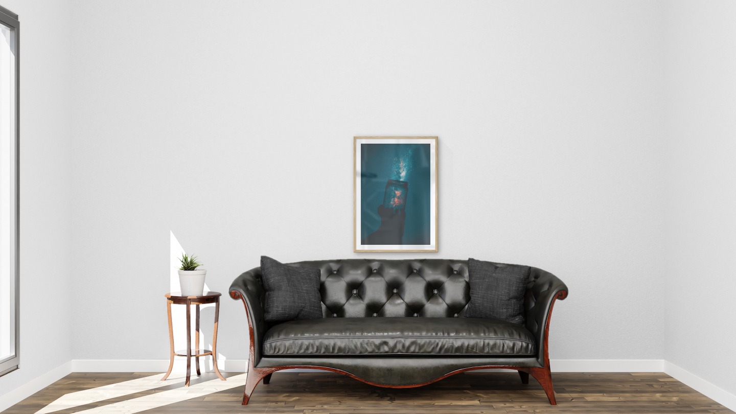 Gallery wall with picture frame in wood in size 50x70 with print "Jar in front of space"