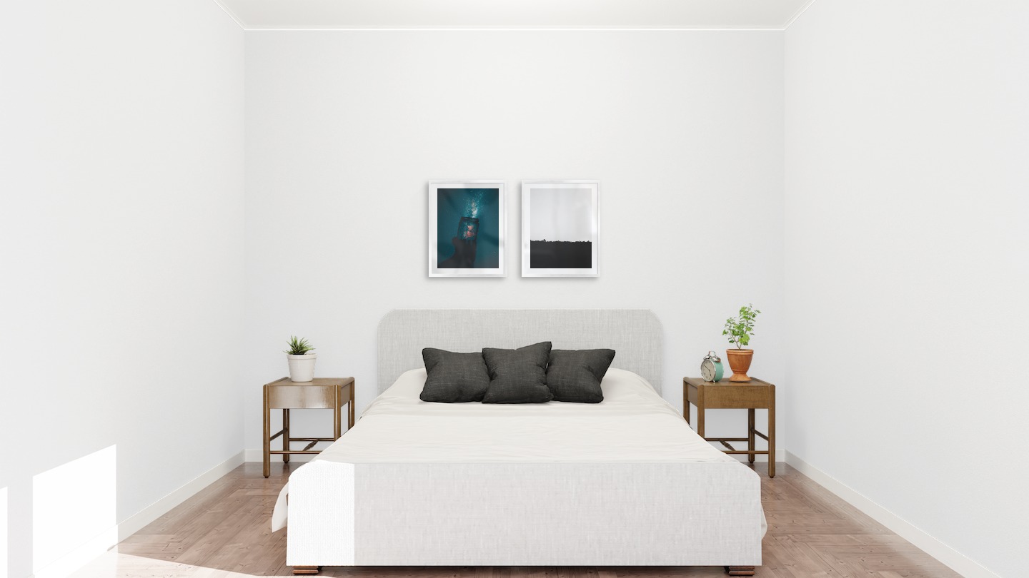 Gallery wall with picture frames in silver in sizes 40x50 with prints "Jar in front of space" and "Sky above trees"