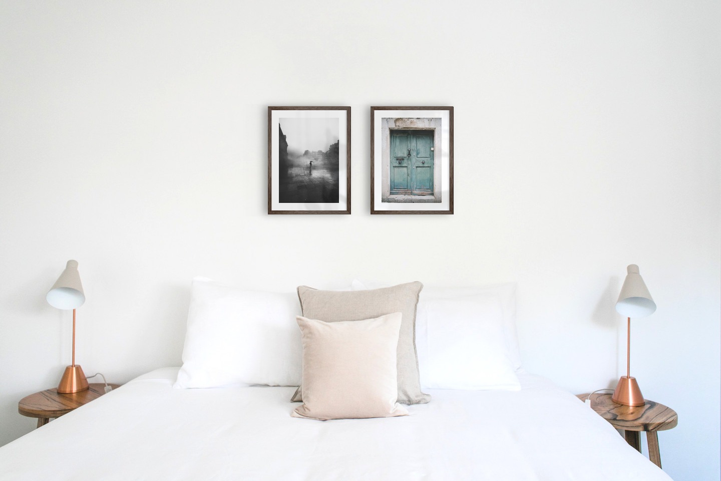 Gallery wall with picture frames in dark wood in sizes 30x40 with prints "Rainy city" and "Door"