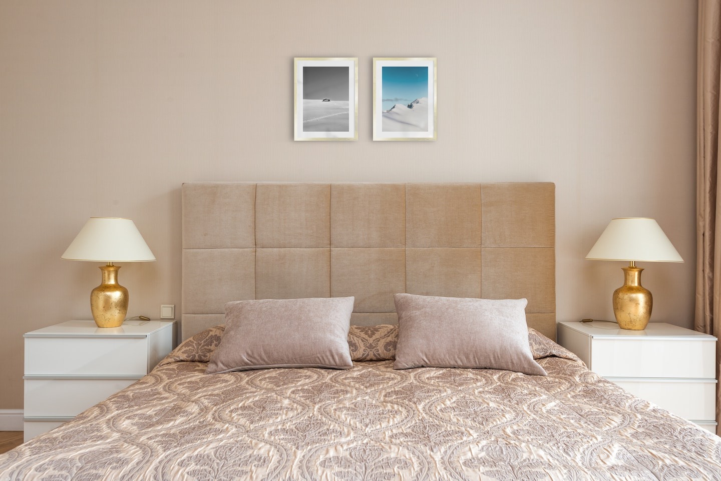 Gallery wall with picture frames in gold in sizes 30x40 with prints "Cottage in the snow" and "Snowy mountain peaks"