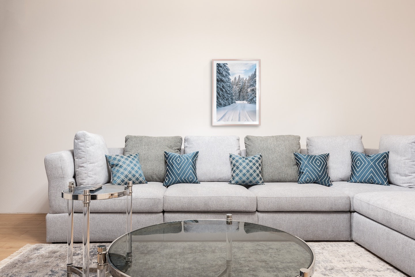 Gallery wall with picture frame in copper in size 50x70 with print "Snowy road"