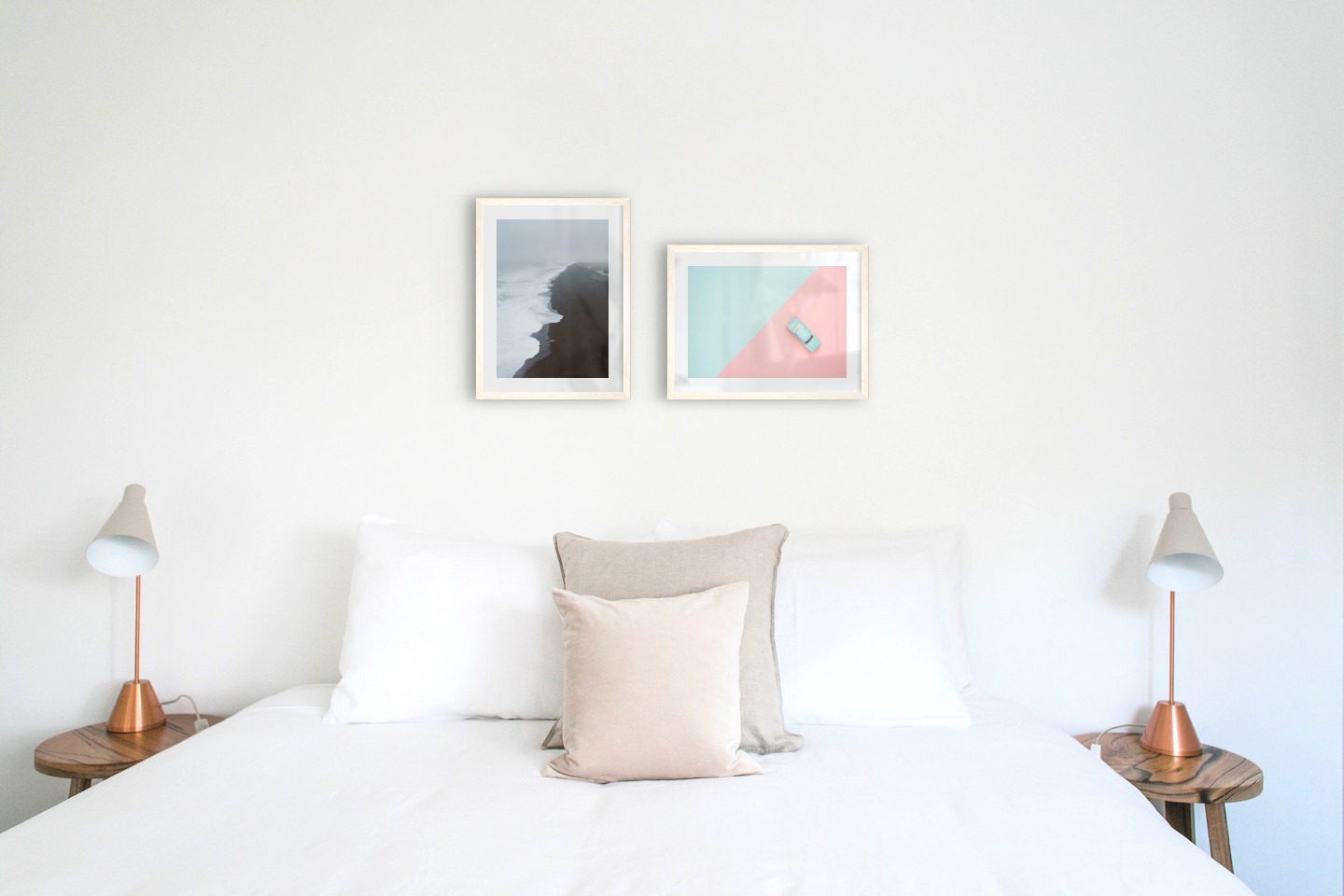 Gallery wall with picture frames in light wood in sizes 30x40 with prints "Black beach" and "Blue car and pink"