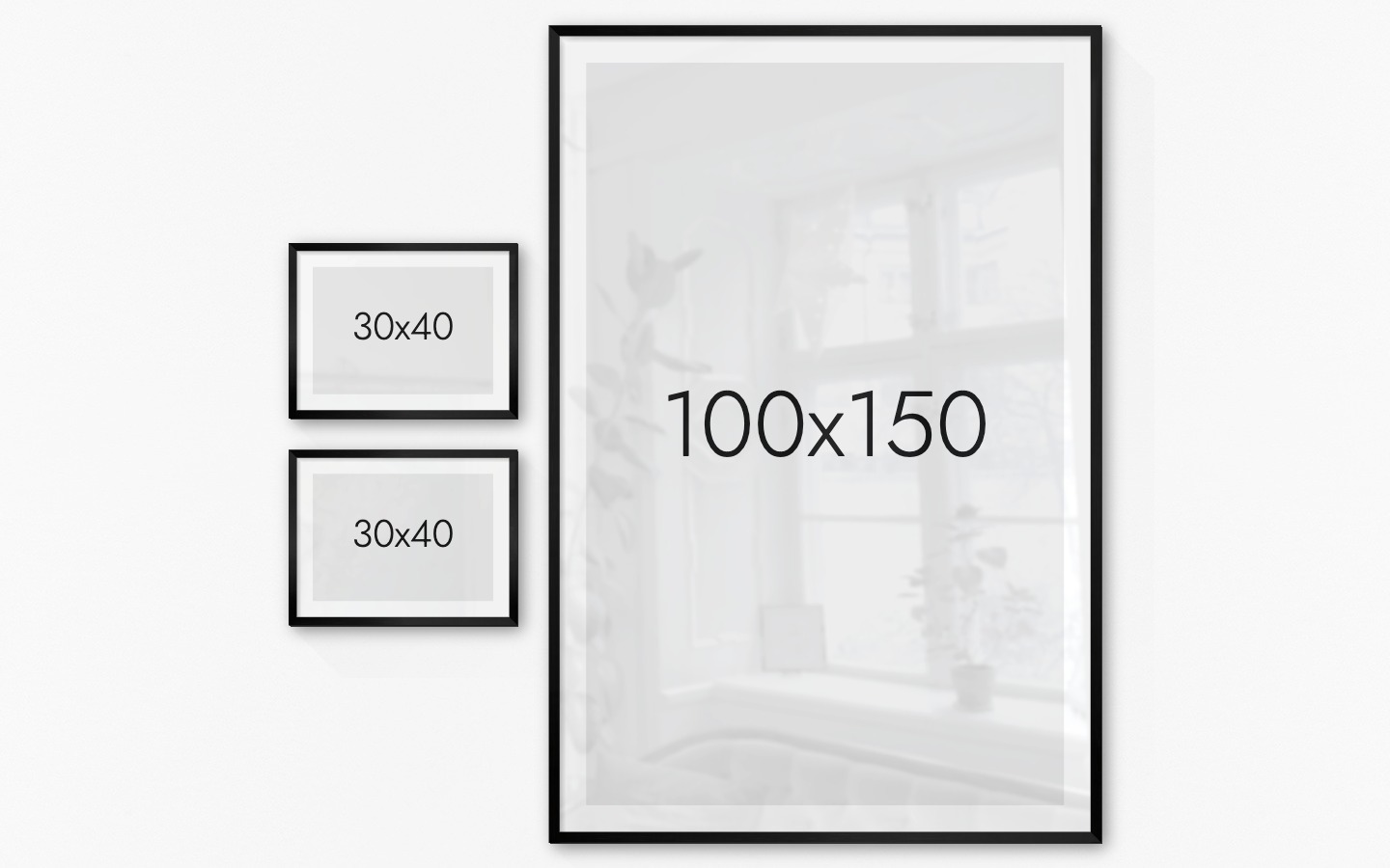 Gallery wall with picture frames in black in sizes 30x40 and 100x150